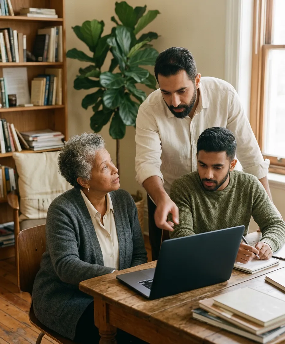 Three Noetic team members reviewing work together at a laptop