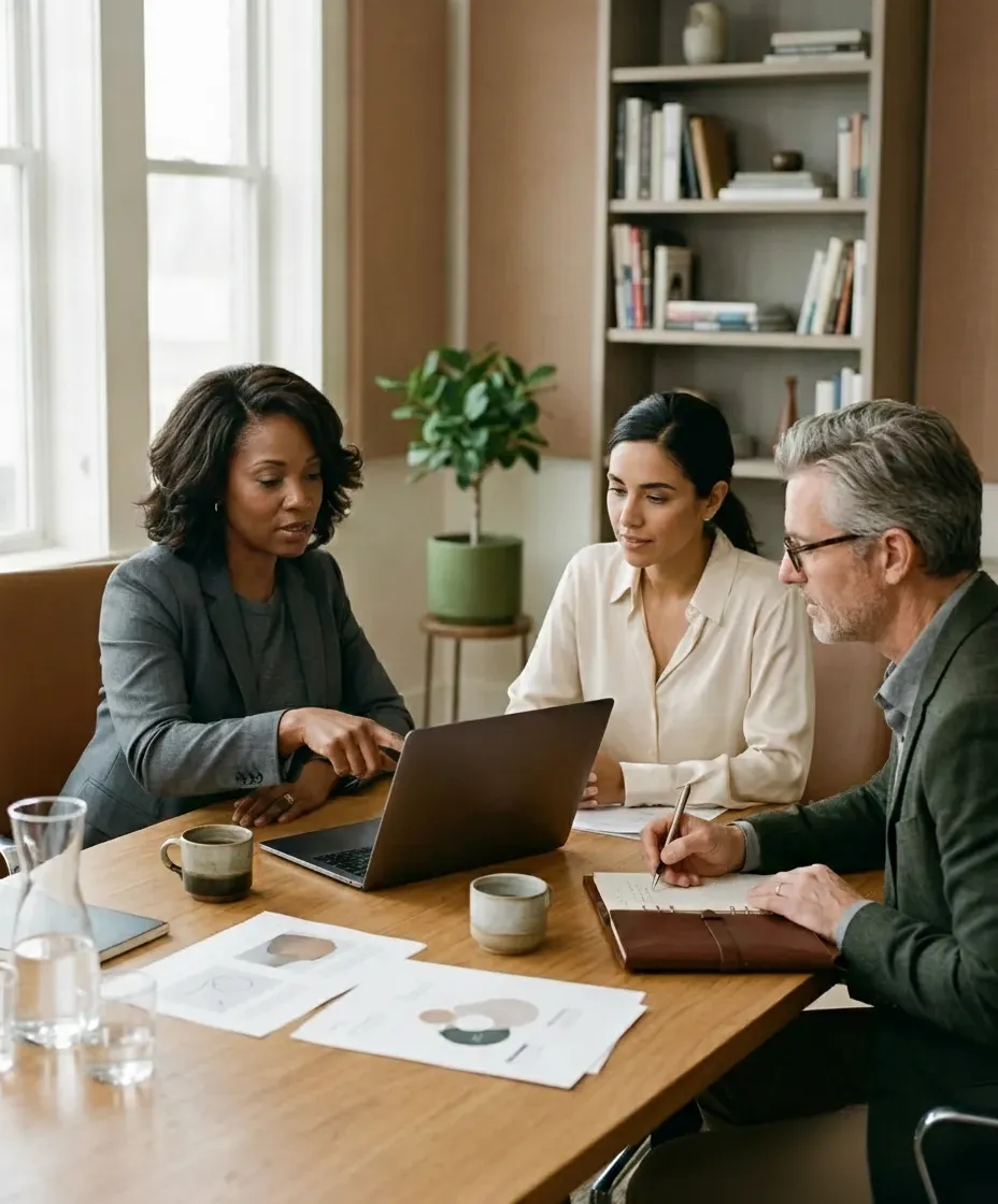 A small executive team reviewing pages around a meeting table