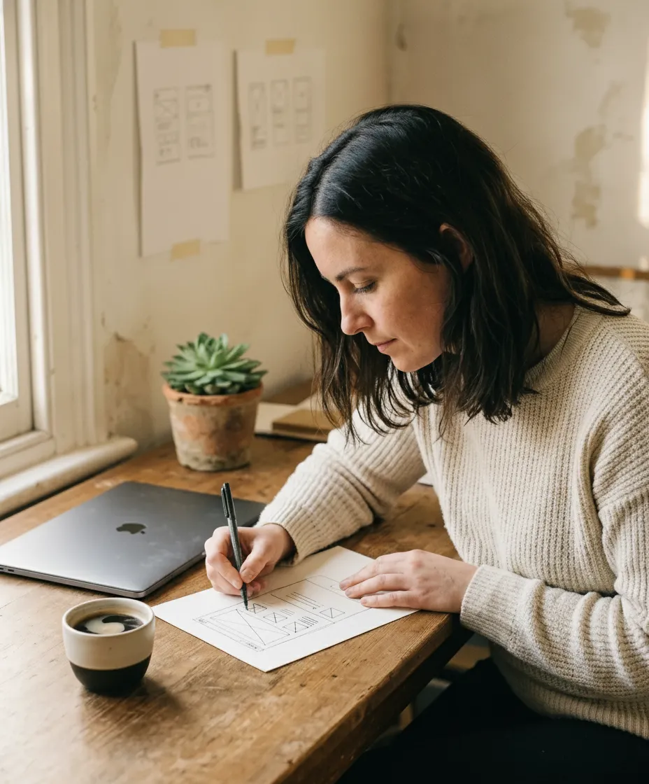 A designer sketching a wireframe before any code is written